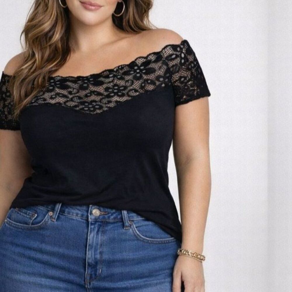 Plus Size One Size Fits Most Stretchy Black Lace Off Shoulders Short Sleeve Top